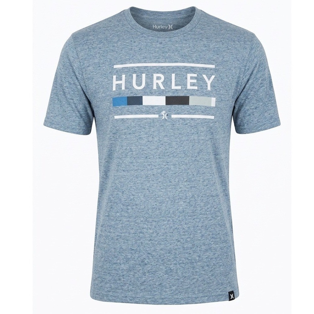Hurley Mens Graphic T-Shirt Heather Blue Logo Colorblock Short Sleeve XL